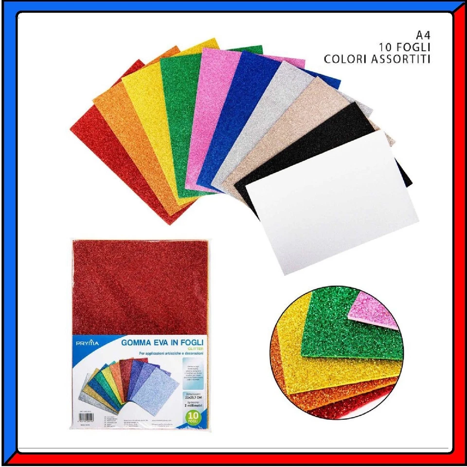 PRYMA 20 x FOGLIO FOGLI A4 GOMMA CREPLA EVA GLITTER BRILLANTINI BRICOLAGE DECORAZIONI