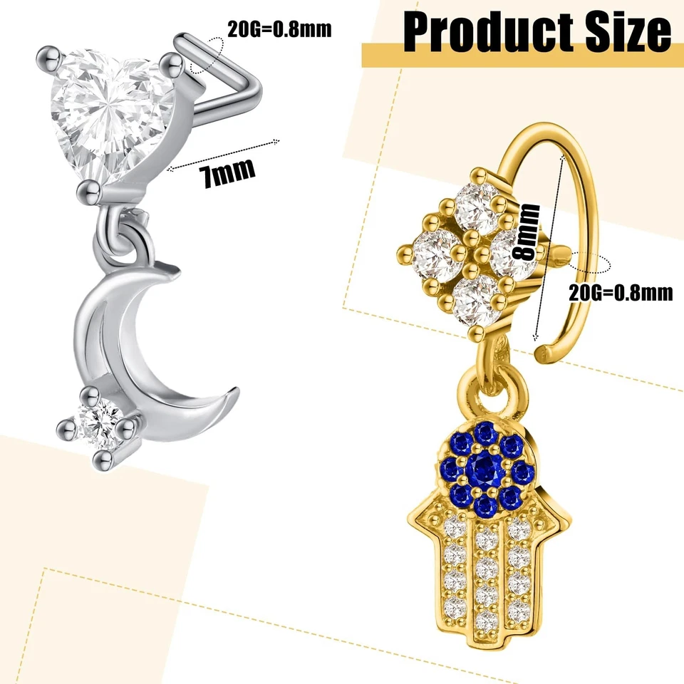 Junkin 18 peças 20g anéis de nariz pendurados femininos em forma de L parafuso prisioneiro de nariz pendurado H... - Imagem 2 de 4