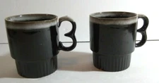 2 Vintage Brown Drip Glaze Pottery Ceramic Stackable Mug 3.25” 8oz  Marked Japan