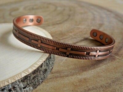 Pure Copper Magnetic Bracelet Solid Copper Arthritis Pain Therapy 9mm Cuff Cross