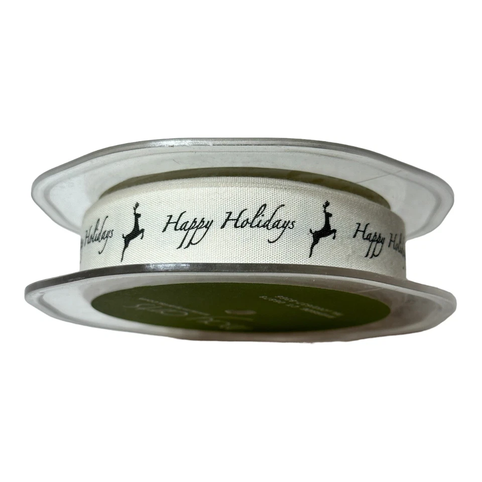 May Arts Ivory Canvas HAPPY HOLIDAYS DEER Printed Ribbon 3/4”x 25 Yds Woven Edge - Image 2 of 4