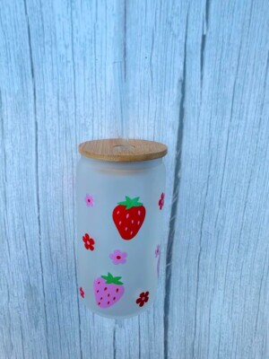 Glas Tasse mit Bambusdeckel & Strohhalm Kaltgetränk Geschenk Sommer Getränk Design