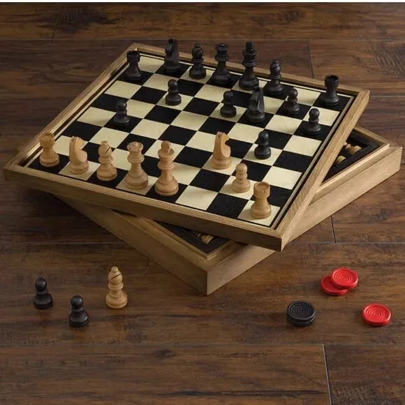 Deluxe Vintage Wood Chess and Checkers Game Set