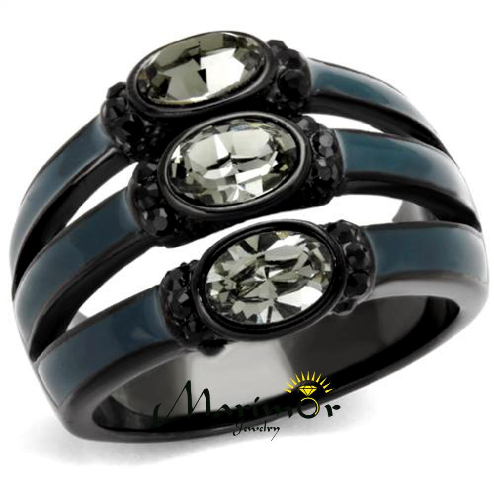 Black & Blue IP Stainless Steel Black Diamond Crystal Fashion Ring 