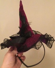Witch Headband Hat Halloween Masquerade. Shimmery Purple Black Lace. One Size