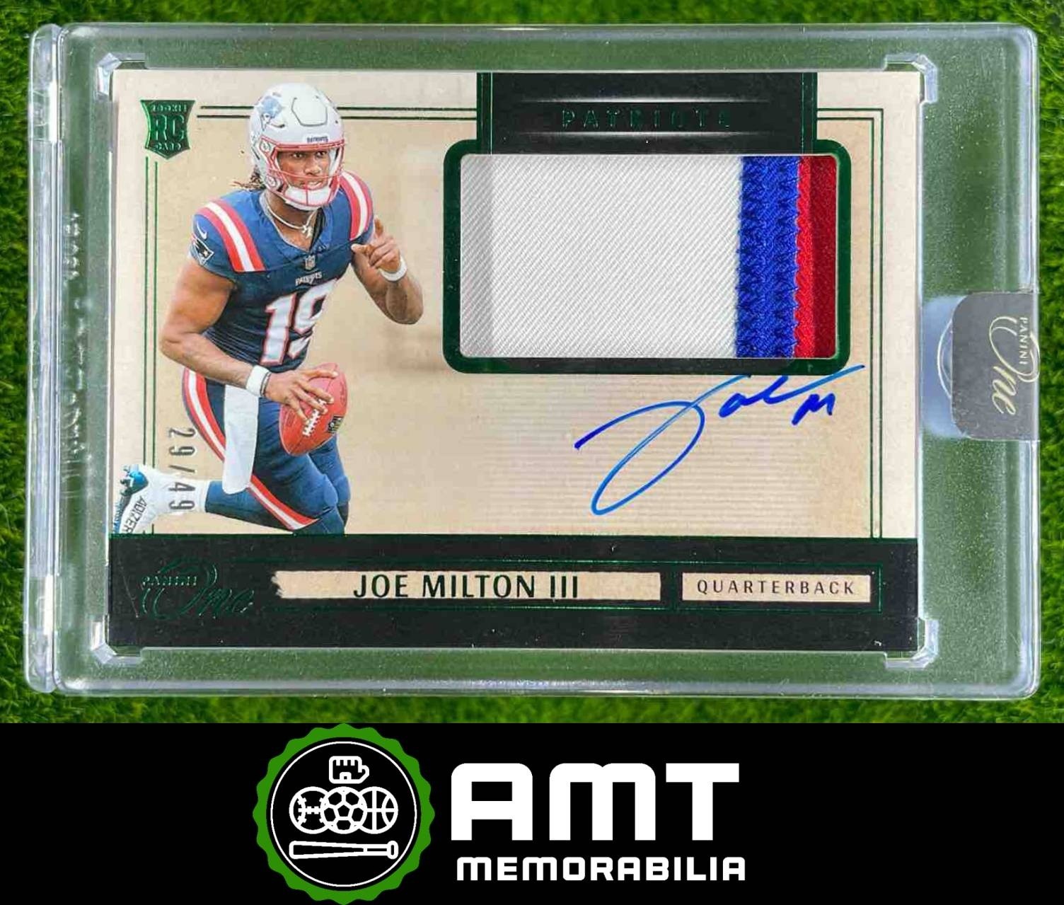 2024 Panini One Joe Milton III RC Patch Auto Green 29/49 New England Patriots