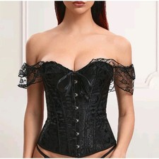 Women's Overbust Lace Boned Corset Bustier Waist Cincher Lingerie Set Size L