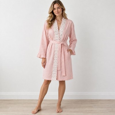 Eileen West Bathrobe Short Pink White Seersucker Tie Eyelet Trim Sz S/M