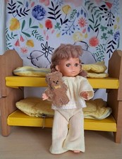 Vintage 70s Amanda Jane Doll, Pyjamas, Teddy, Wooden Bunk Beds And Sleeping Bags