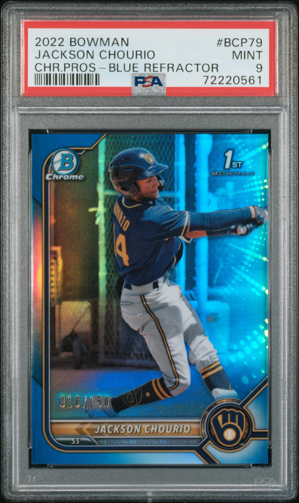 2022 Bowman Chrome Prospects Jackson Chourio #BCP79  Blue Refractor /150 PSA 9