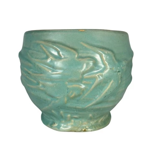 Antique McCoy Pottery Large Aqua Teal Swallows Birds Jardiniere Pot Vase AS-IS