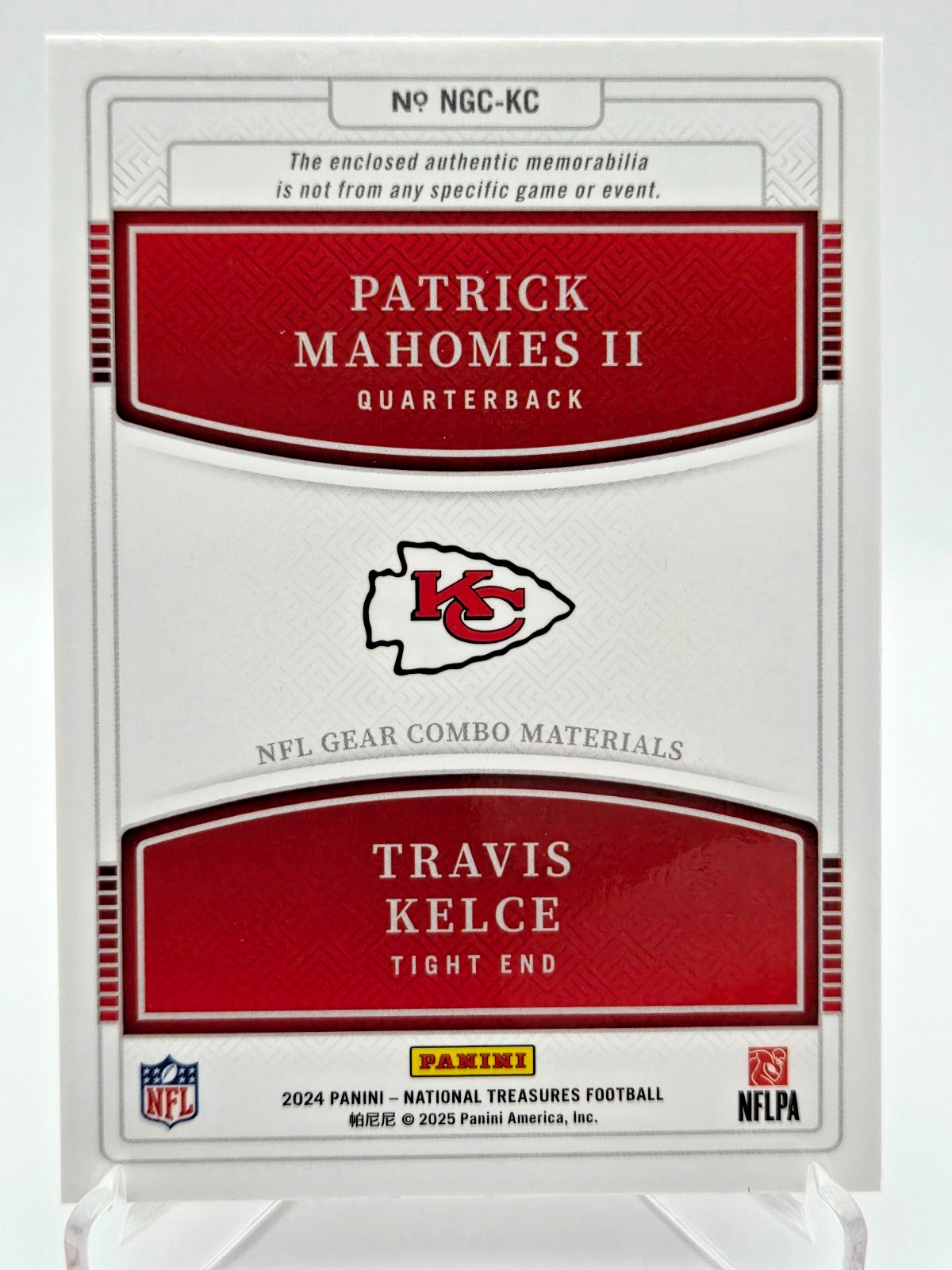 2024 National Treasures Patrick Mahomes Travis Kelce Gear Dual Patch /99 Chiefs view 3