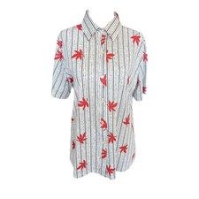 VTG 70s Sears 'The Shirt' Pop Art Fall Maple Leaf Striped Button Up Blouse M/L