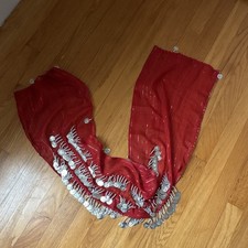 Red Chiffon Belly Dance Hip Scarf Belt, Striped, Silver Coins Beaded Fringe