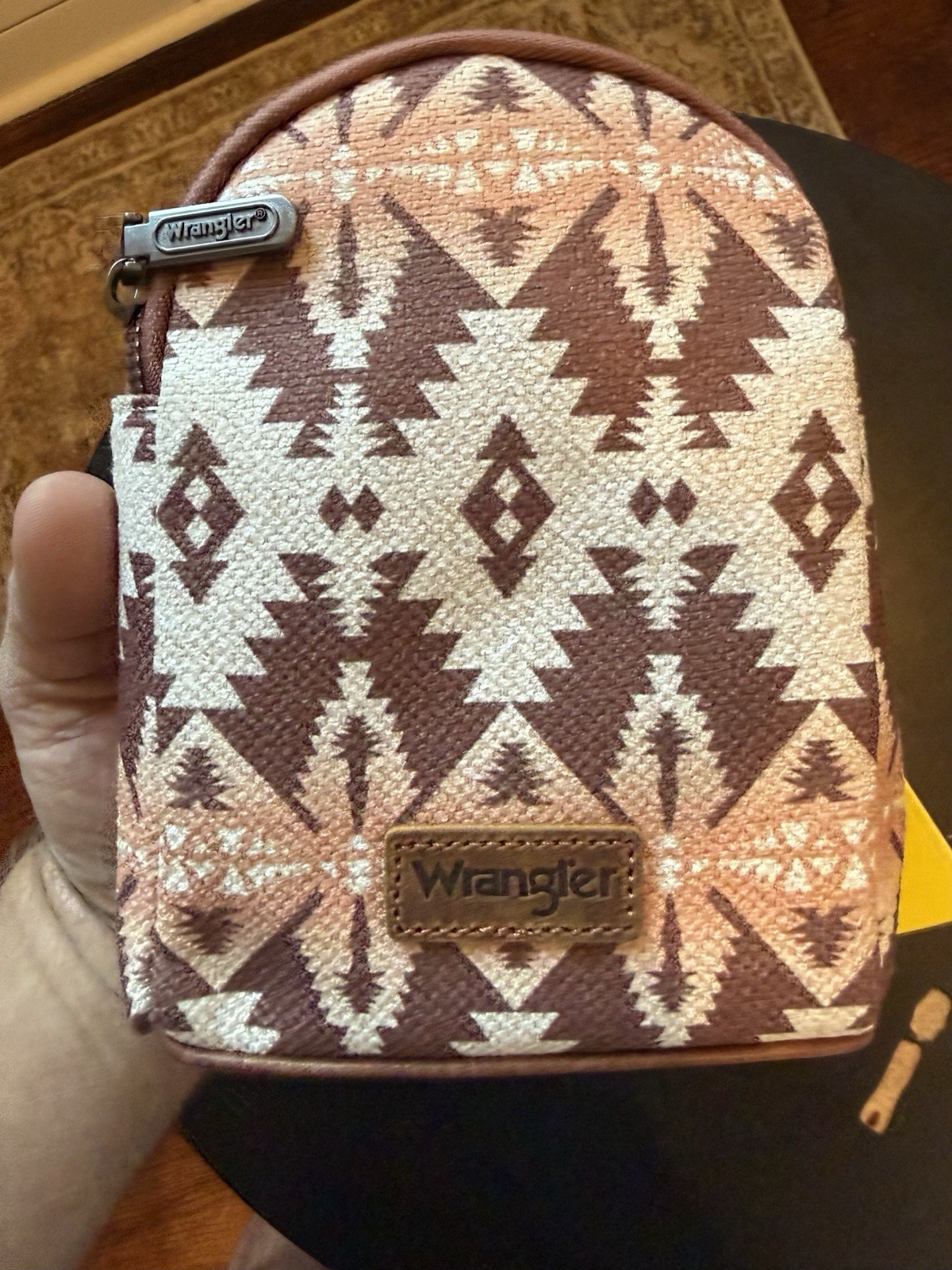 Wrangler Brown/Beige Western Aztec Geometric Zip Crossbody Bag, Detachable Strap