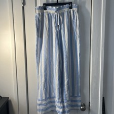 Lauren Conrad Women  s Linen Blend Pants Sz M Blue White Striped Cropped Wide Leg