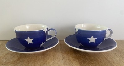 Paar 2 Whittard of Chelsea ''Tea Clipper'' Tassen & Untertassen - blaue Sterne Vintage