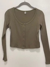 Women's Uniqlo Long Sleeve Olive Green Crop Top Size S Excellent Condition