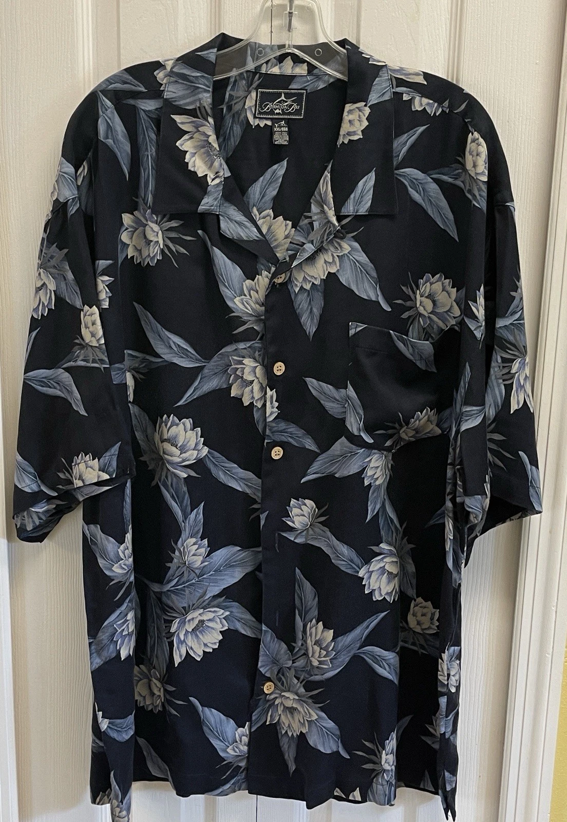 Bermuda Bay Hawaiian 100% Silk Floral Print Shirt Men XXL Navy Blue Short Sleeve