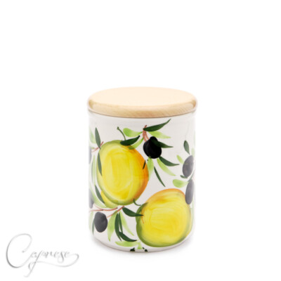 Bassano Ceramic Storage Container Lemon With Olive Motif 17.5Cm 1L From Italy