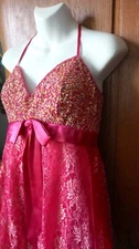 Pink bead sequin lace Barbie cocktail  spaghetti strap dress size M by Aspeed