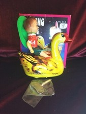 Clockwork VTG Wind-Up Tin Toy - Child In Green Hat Riding Goose, Box  Key