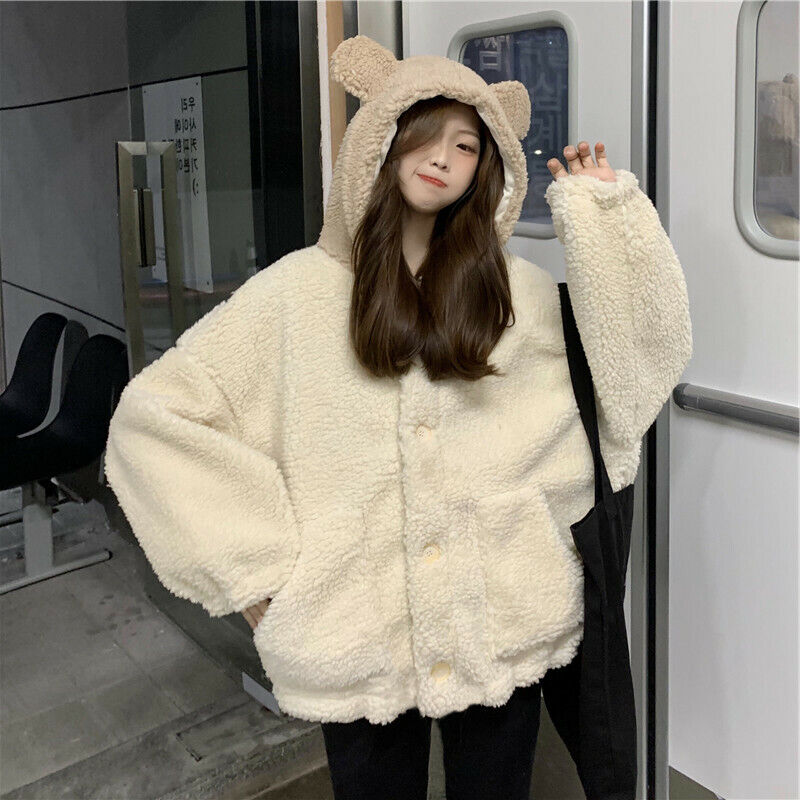 Korean Style Women Kawaii Print Oversized Teddy Bear Jacket Hip