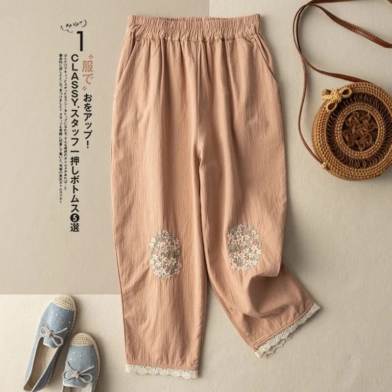 Womens Summer Pants Ethnic style retro embroidery cotton linen harem Trouser New - Image 4 of 4