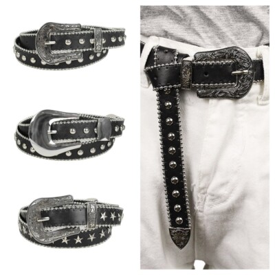Women Skinny Faux Leather Belt Jeans Dress Punk Metal Rivet Waistband XP24173