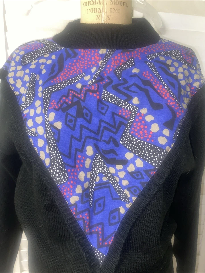 Suéter Tejido Negro Vintage Años 80 90 En Fase Inserto Tela Funky Talla Pequeña Hecho en EE. UU. Foto 2 de 4