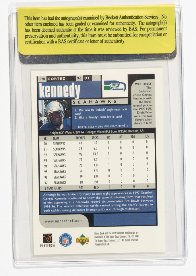 Футбольная карточка с автографом Кортеса Кеннеди 1998 UD Choice Seahawks No170 сертификат подлинности BAS - Изображение 4 из 4