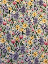 HOPPY HUNTING EASTER SPRING FLOWERS ON BLUE BY HENRY GLASS Cotton Fabric HY