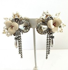 Rare Vintage Wedding Earrings 1983 Handmade Porcelain & Pearl Austrian Crystals