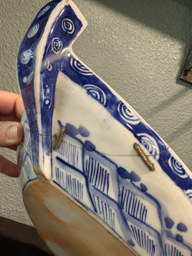 Antique Japanese Repaired Plate Warmer Boat Shape, Blue And White Ceramic Tray - Picture 24 of 24