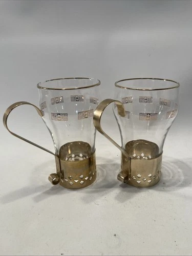 Vintage Federal Glass Irish Coffee Glasses w/Brass/Gold Tone Holders Set of 2