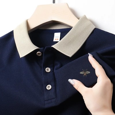 Summer Men's Bee Embroid Polo Shirt Color Blocking Comfortable Stretchy Qualit