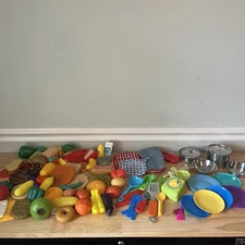 HUGE Lot of Kids Pretend Play Toy Food, Dishes, Utensils, Pots, Pans for Kitchen