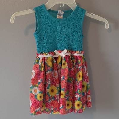 Healthtex Girls Fit & Flare Aqua Blue Dream Floral Sleeveless Lace Dress 2T Bow