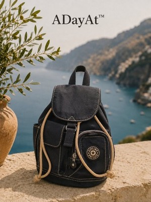 Vintage Kipling Black Nylon Mini Backpack Travel Y2K Utility Daypack Drawstring