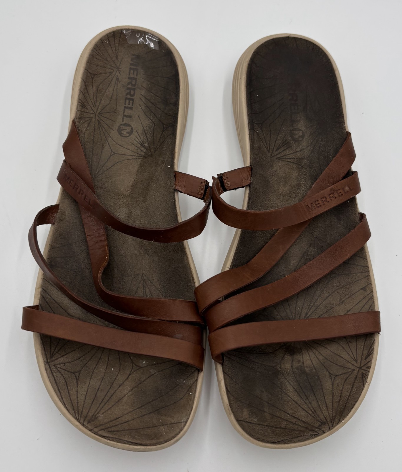 Merrell Duskair Seaway sandali donna slide punta aperta pelle rovere marrone TG 10