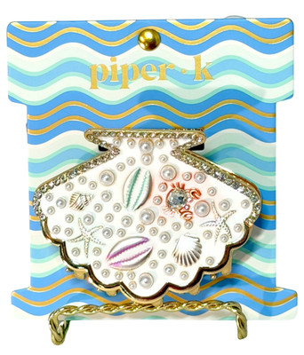 Piper K Clam Shell Hair Claw Clip 3'' Gold Tone Metal Pearl Embellished Beachy