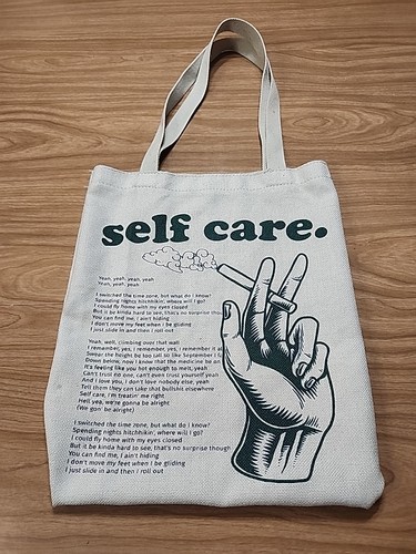 Mac Milller Self Care Tote Green Print Cigarette And Hand Imagery 15x13