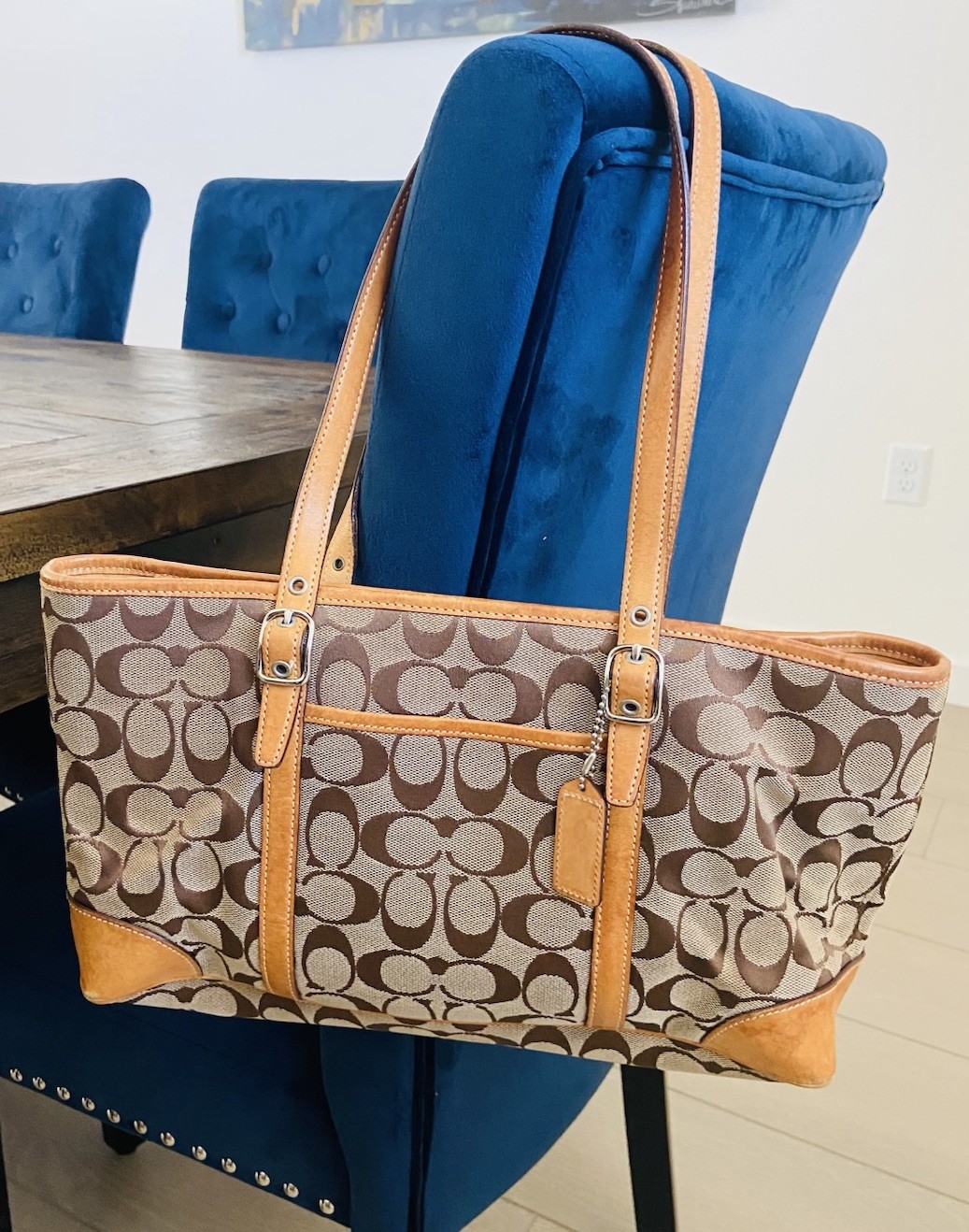 Coach Signature Leather Shoulder Bag in Brown & Tan with Vibrant Orange Interior