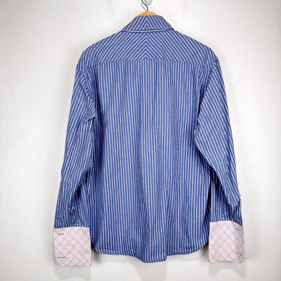 Camisa de Vestir Robert Graham Puño Francés Hombres Grande Azul Rosa Rayas R&G Algodón Foto 3 de 4