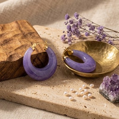 Ross-Simons Lavender Jade Hoop Earrings with 14K Yellow Gold
