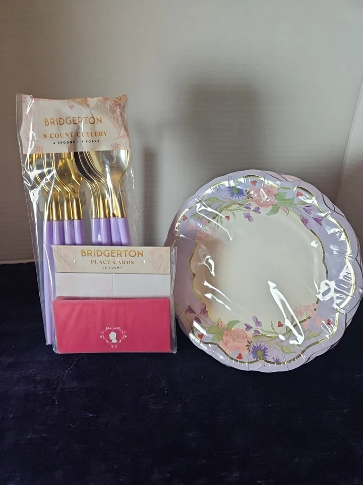 TOTALMENTE NUEVO Bridgerton Púrpura/Rosa/Dorado Floral Lote de 5 Suministros para Fiesta Foto 3 de 3