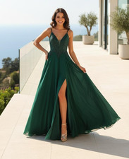 Long Green Chiffon Lace Top Prom Dress Size 4 High Slit Event Formal Gown