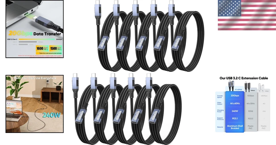 10-Pack USB-C Extender Cable 3ft: 20Gbps Data Transfer - Image 2 of 4
