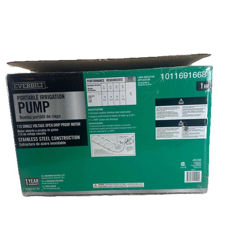 EVERBILT 1 HP Stainless Steel Lawn Irrigation Pump HD60SS Portable - Image 3 of 4