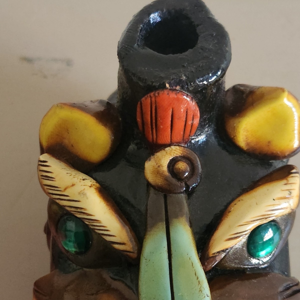 Vtg Folk Art Raku Clay Aztec Mayan Mexican Jeweled Jaguar Death